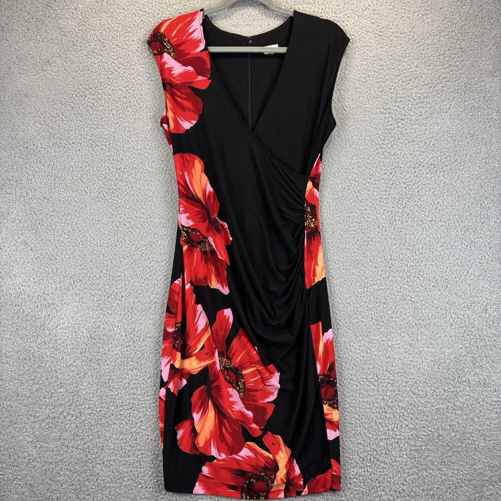 Y2k Cache Dress Small Faux Wrap Artsy Mob Wife Sexy Floral Ruched Stretch Poppy
